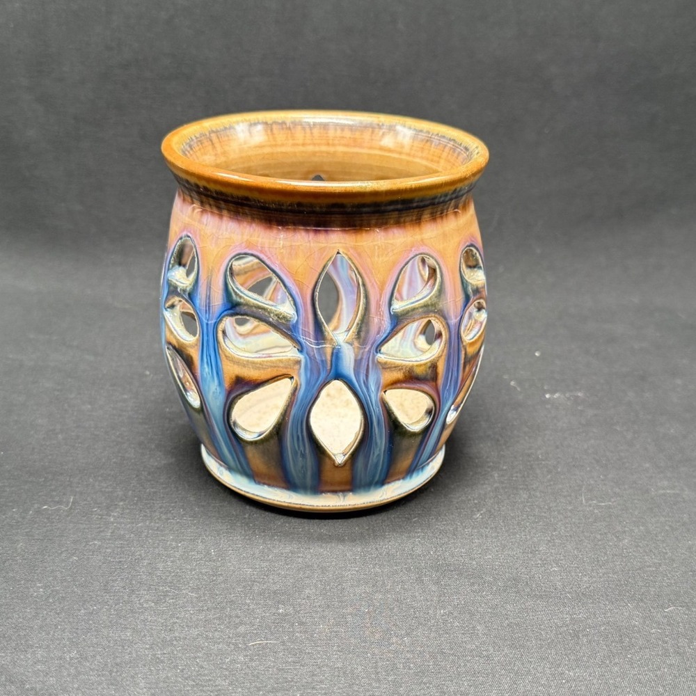 Studio Pottery Signed Drip Glaze Cutout Stoneware Candle Holder Lantern - Picture 2 of 7